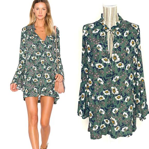 Free People Green Magic Mystery Floral Button Front Tunic Dress Size Small - Picture 1 of 12